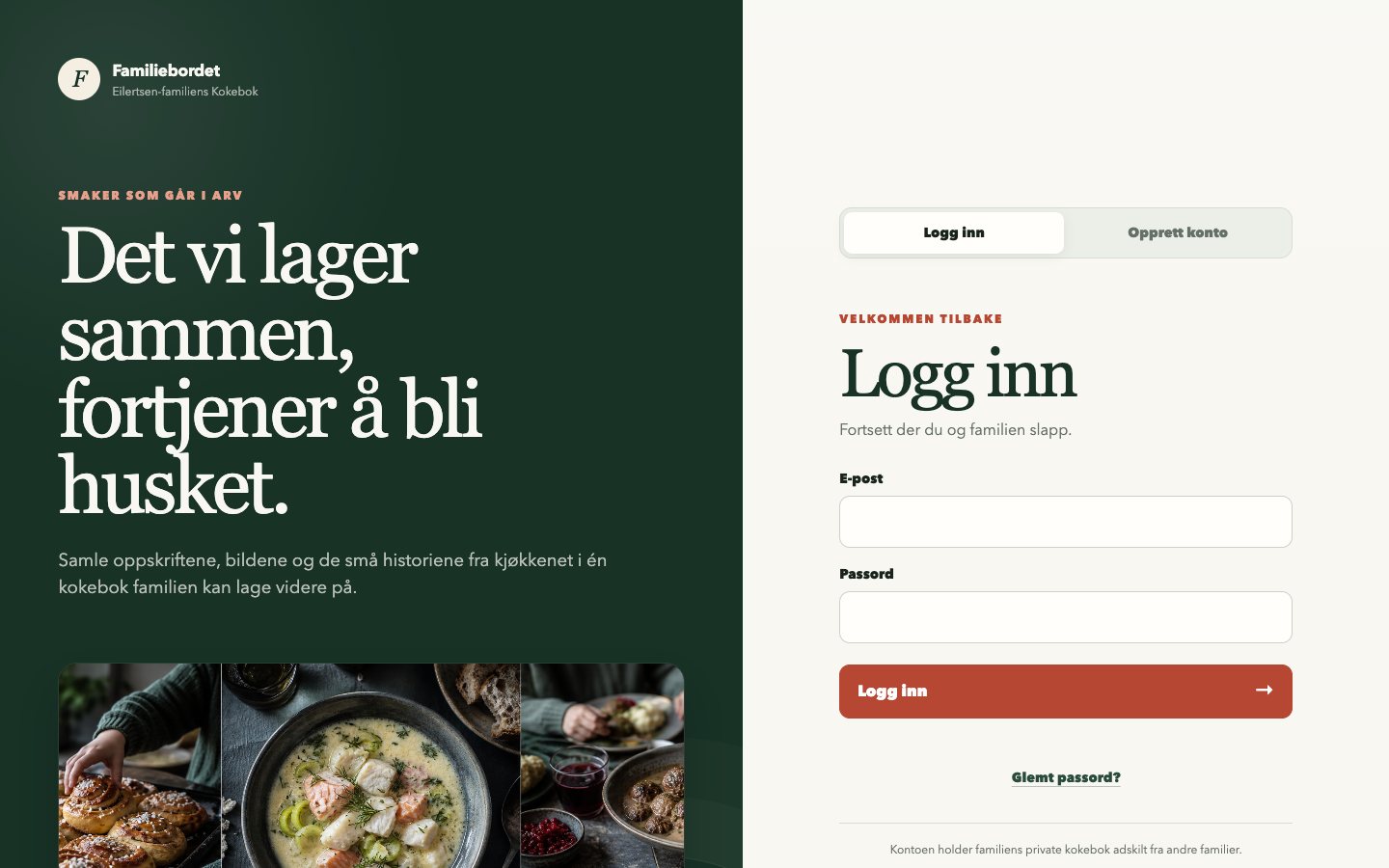 Innloggingsflaten til Familiebordet.