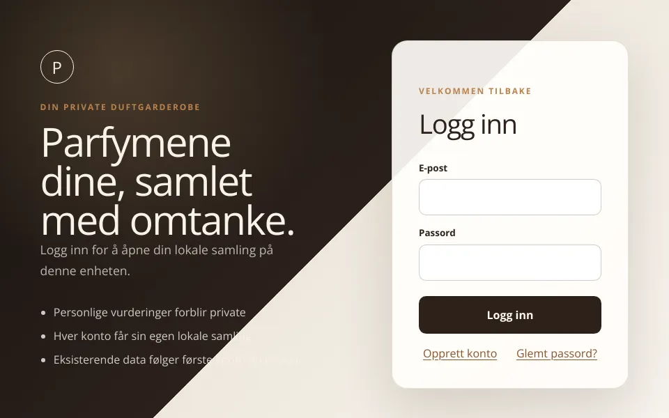 Innloggingsflaten til Parfymesamling.